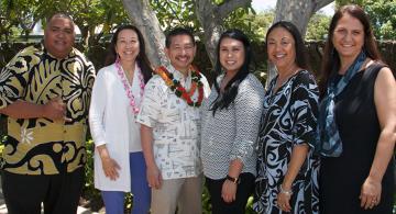 L-R: UHWO student Sam Sotoa, Dr. Sharon Lee, Roger Higa, UHWO student Kelsey Barretto, Chancellor Maenette Benham, and Vice Chancellor Judy Oliveira.