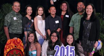 Central Pacific Bank Foundation President Denis Isono and Vice President Donna Takeda with College Opportunities Program students, COP Director Mike Maglaya and UHF staff Laurie Komatsu.