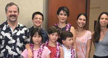 Celebrating the Dill Scholarship at UH Hilo on Dec. 17, 2019, were (L-R, back) scholarship recipients Yeshaya Amichai and Abigayle Coleman, donor Susie Dill, scholarship recipient Alaka‘i Iaea-Russell and Dr. Katherine Young, political science & admin. of justice, with (front) Susie & John’s children Sophia, Julia & Grady Dill.
