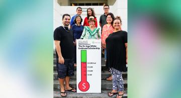 Student scholarship recipients Spencer Waite and Paula Duke with Dr. Inge White, Jacquie Maly, Brad Lau, Chancellor Ardis Eschenberg, and Agripharmatech professors/instructors Hongwei Li and Teena Michael.