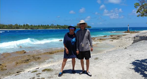 Fran and Kirk Alexander on a beach in Rangiroa in 2018