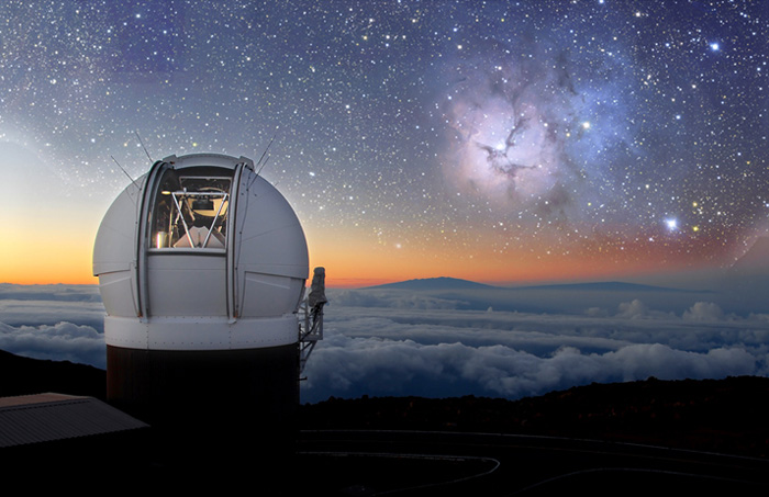 Photo of the Pan-STARRS 1 telescope atop Haleakala, Maui by Rob Ratkowski. Photomontage by Karen Teramura using an image of the Trifid Nebula taken with this telescope